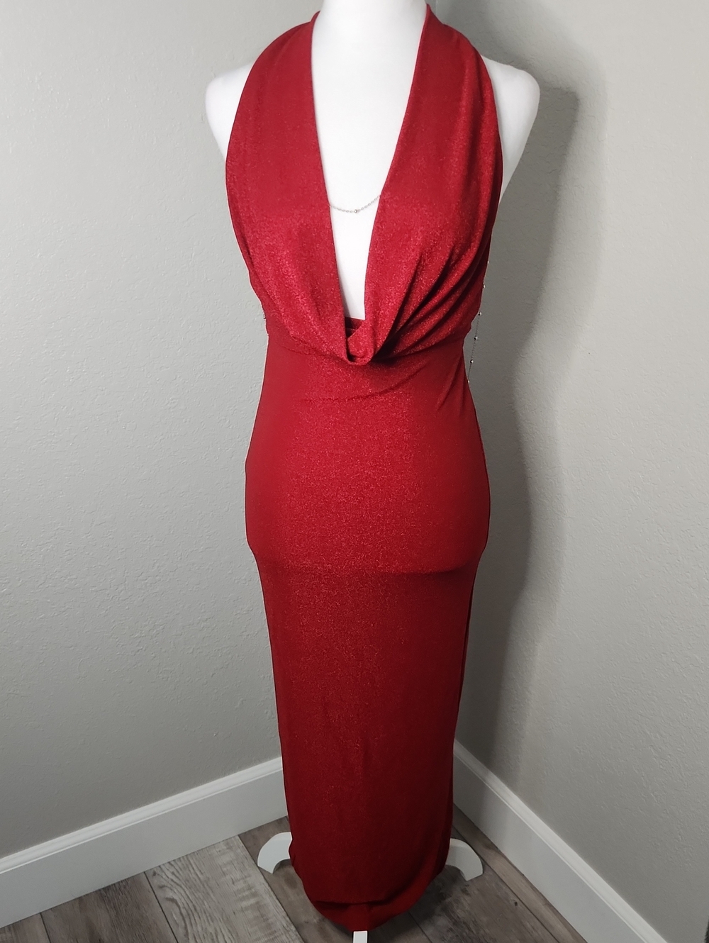 Edikted Red Halter Cowl Neck Maxi Gown